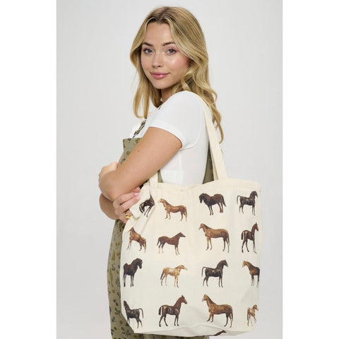 All the Horses Zip Tote Bag with Pocket